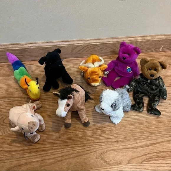 TY Beanie Babies - Lot of 8 Pig Horse Caterpillar Ox Dog Army Bear - Picture 1 of 10